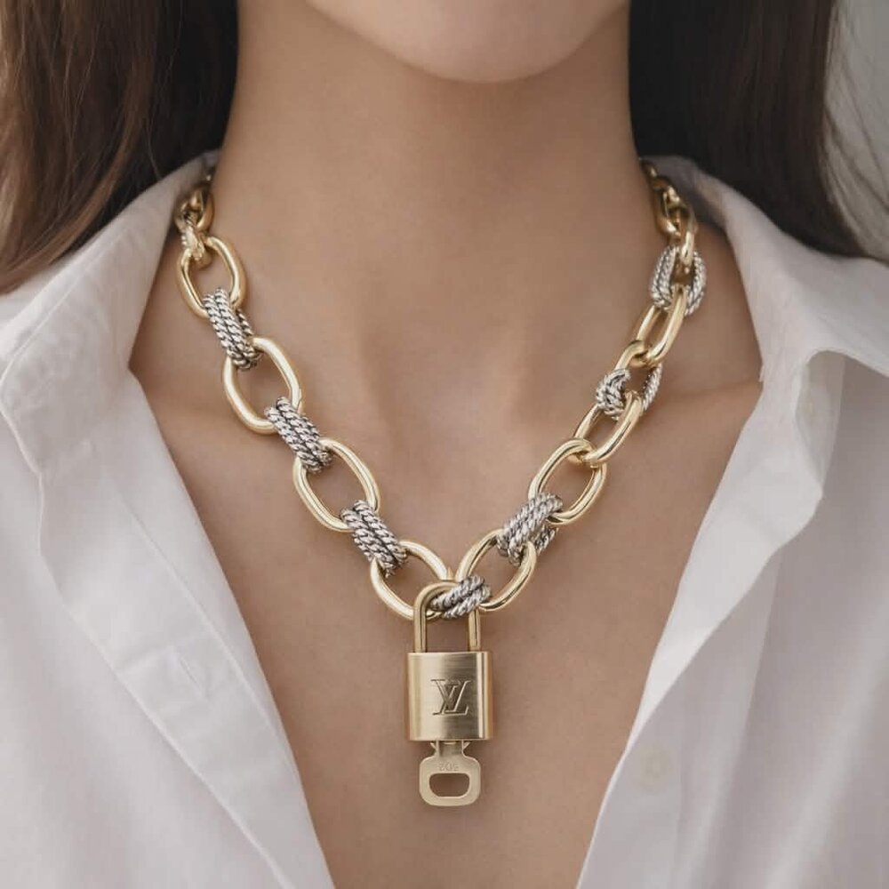 Authentic Louis Vuitton Gold Padlock w/ Unbranded Fashion Geometry Necklace
